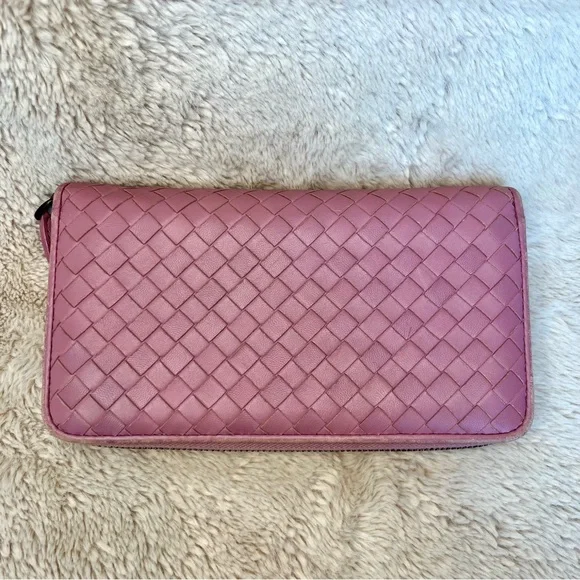 Bottega Veneta Nappa Intrecciato Pink Zippy Long Wallet Wallets